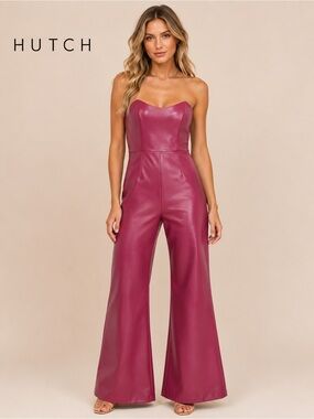 NWOT Hutch Vegan Leather Strapless Jumpsuit in Plum, Wide-Leg Size 4